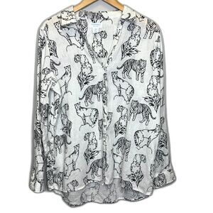Cynthia Rowley Women Linen Tunic Blouse Jungle Cat Print White Black Tab Sleeves